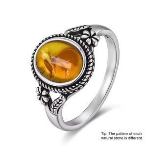 Natural 8*10mm Oval Baltic Amber Ring 925 Sterling Silver